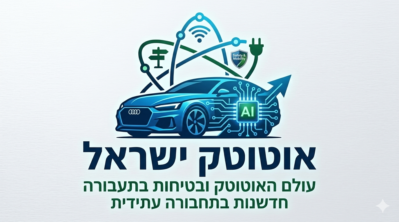Autotech Israel logo: Blue AI-powered smart car with symbols for connectivity, electric power, safety, and future mobility.